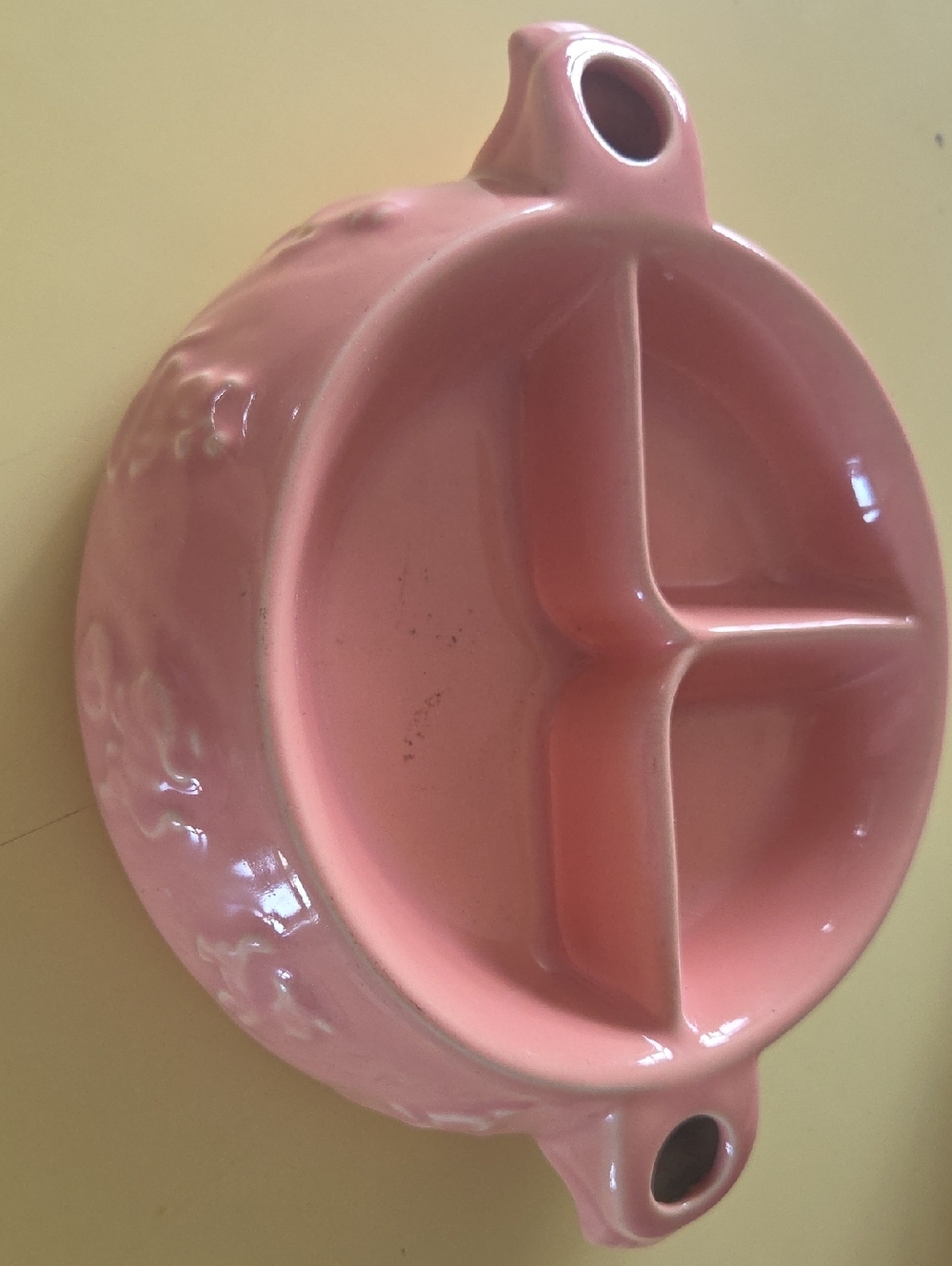 1940's Hankscraft Baby Food Warming Dish Vintage Pink Divided Ceramic Dish